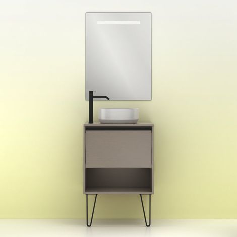Meuble salle de bain avec vasque posée YOKO TOP fumé sablé 60 cm Gris Miroir non inclus (1/4)