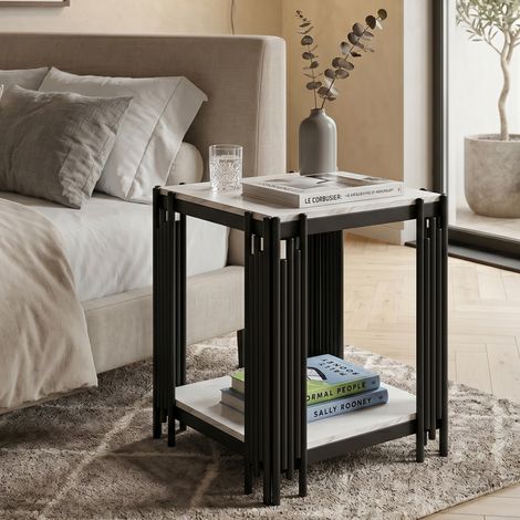 Mesita de noche mesa auxiliar 43x40x55 cm para dormitorio salón efecto mármol y estructura de metal blanco negro (1/5)