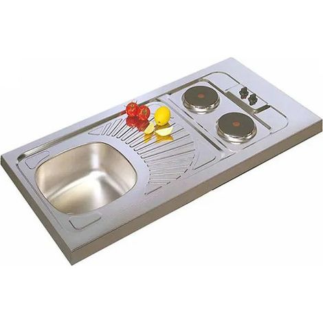 Moderna – Évier 1 bac inox 100 x 60 avec domino 2 feux électriques – Cuve soudée – Vidage complet avec raccord lave-vaisselle – Recouvrement réversible