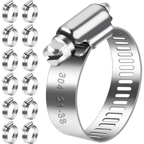 Colliers de serrage en acier inoxydable 21-38 mm, lot de 12, colliers à vis réglables pour tuyaux d'arrosage, tuyaux de piscine et conduites de gaz. (1/5)