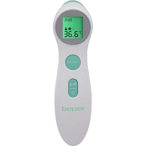 BEPER P303MED001 Infrarot-Fieberthermometer, kontaktlos, Messung von Körper, Flüssigkeiten, Objekten und Oberflächen, hintergrundbeleuchtetes LCD-Display, 10 Speicherplätze, Weiß/Türkis (1/5)