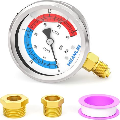 02Bar/030Psi 1/4" BSP Pressure Gauges with 2 Inch Dial,Glycerin Filled,Pool Filter,304 Stainless Steel Housing,Bottom Mount,with Hex Socket (1/5)