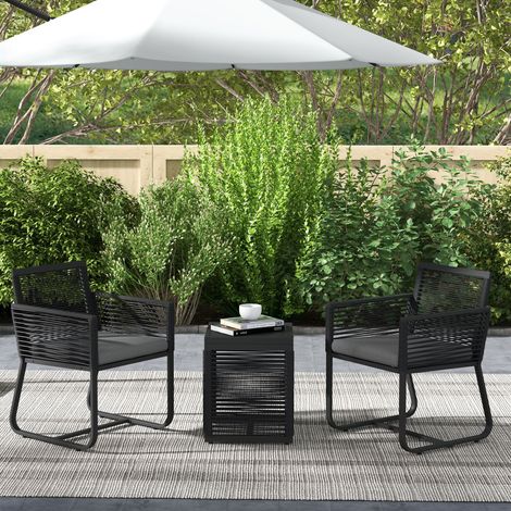 Gartenmöbelset aus Rattan mit 2 Sesseln inklusive Kissen und Glas-Couchtisch, Schwarz
