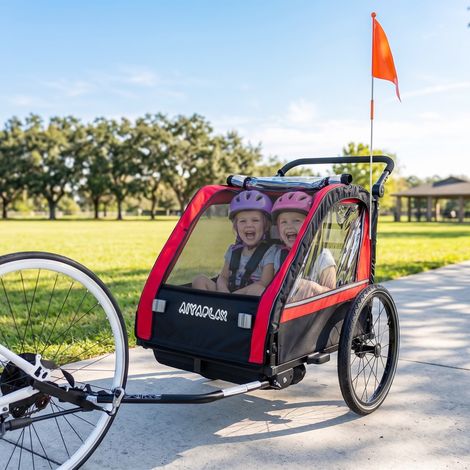 Remorque vélo enfant 2 en 1, poussette vélo bébé 2 places, guidon réglable, frein à main, ceinture de sécurité, rouge (1/5)