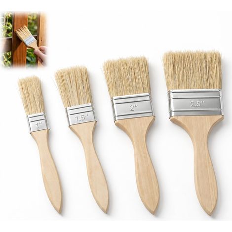 Set de 4 Pinceau Plats (25,4/38,1/50,8/63,5 mm), Pinceau Peinture Bois pour Peinture et Vernis Bois, Pinceaux en Poils Naturels avec Manche, Pinceaux Polyvalents pour Teinture, Colle, Bricolage (1/5)