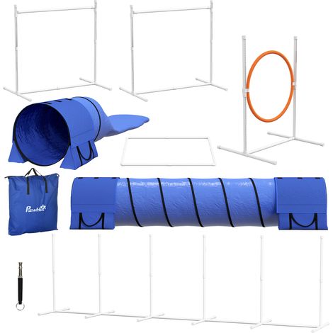 Hunde-Agiliy-Set Hundeparcours, 1 Reifen,  2 Tunnel 2 Hürden, 321 cm x 63c m x 93 cm, Blau + Rot+ Weiß