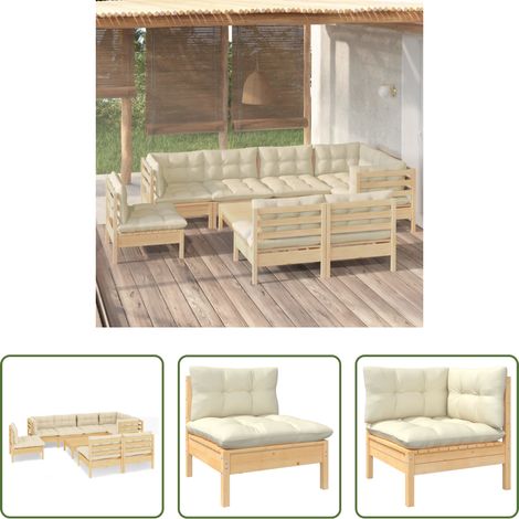 Terrassensofa - 9-tlg. Garten-Lounge-Set mit Creme Kissen Massivholz Kiefer (1/5)