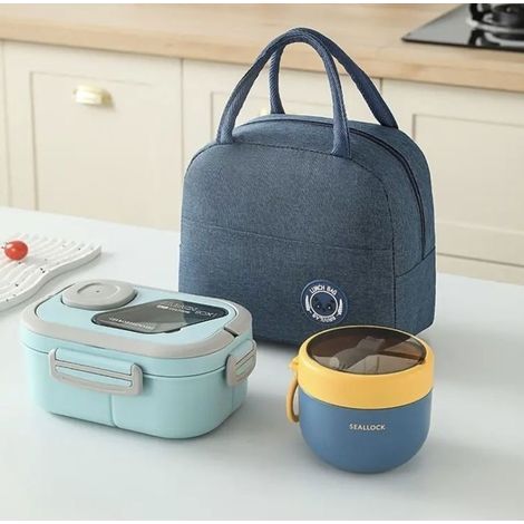 (blau) Lunchbox mit Isoliertasche und Besteck, 1200 ml + 600 ml Bento-Box für Erwachsene und Kinder, für Picknicks, Arbeit, (blau) (1/5)