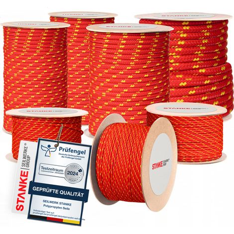 Seilwerk STANKE Corde polypropylène rouge avec fils marqueurs jaunes 2mm 25 m - Ficelle jardin pour attacher les tomates - Corde extérieur de camping - Cordelette résistante aux UV