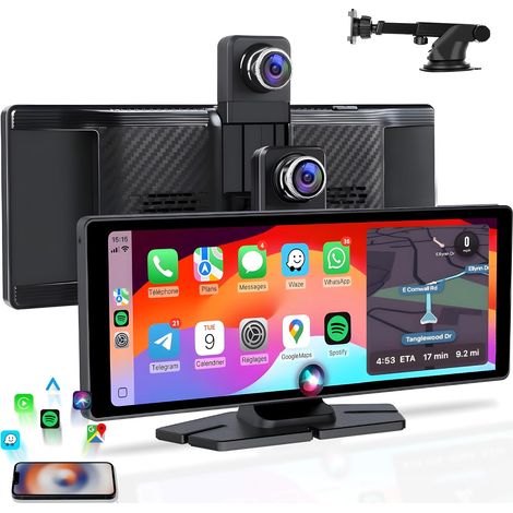 Autorradio inalámbrico CarPlay de 10,26" CarByNevo D3 Pro - Radio Bluetooth para coche con Apple CarPlay y Android Auto - Cámara de salpicadero GPS 4K con cámara de marcha atrás - Radio para coche con