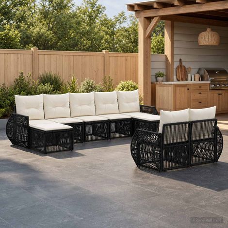vidaXL Set Divano da Giardino 9 pz Nero e Bianco Crema polyrattan (1/5)