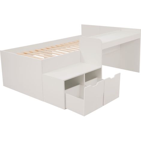 Cama individual infantil 90 x 200 cm con escritorio y 2 cajones en madera y MDF blanco (1/5)