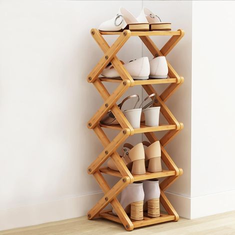 Folding Bamboo Shoe Rack, 5-Tier Wooden Shoe Storage Unit, Vertical Space-Saving Shoe Organizer for Entryway, Bedroom (1/5)