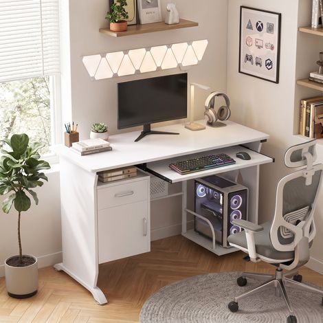 Bureau d'ordinateur, 100 x 52 x 75 cm, tablette coulissante pour clavier, tiroirs et support d'unité centrale, blanc (1/5)