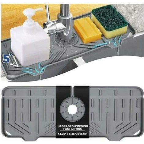 Tapis anti-gouttes en silicone - 36 x 14,5 cm - Gris - Avec poignée pour robinet - Porte-éponge - Séchage rapide (1/4)