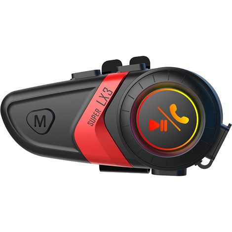 Système de communication pour casque moto avec autonomie de 25 heures, Bluetooth et portée de 15 m.
