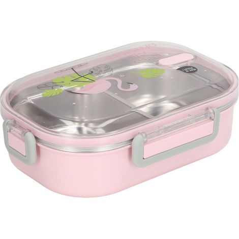 Isolierte Lunchbox aus Edelstahl 304 mit Fächern, japanisches Illustrationsdesign für Kinder, auslaufsicher, transparenter rosa Vogeldeckel, Löffel in zufälliger Farbe (1/5)