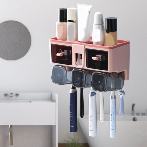 Zahnbürstenhalter, Mundspülbecher, wandmontierte Badezimmer-Aufbewahrungsbox, kein Bohren erforderlich, Set mit drei rosa Bechern (1/5)