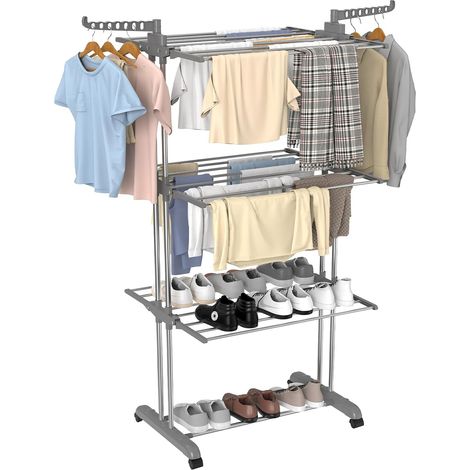 Etendoir Linge Intérieur et Extérieur, 4 Niveaux Séchoir à Linge Pliable, Seche Linge avec Roues, 172cm Gris (1/5)