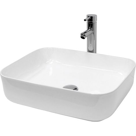 ECD Germany Waschbecken Waschtisch 505x395x135 mm aus Keramik Weiß inkl. Ablaufgarnitur für Waschbecken ohne Überlauf Aufsatzbecken Aufsatzwaschbecken Aufsatzwaschtisch Waschschale Spülbecken Becken