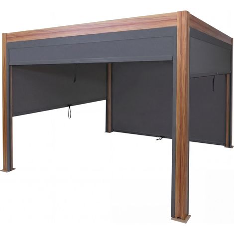 Pergola HHG-263 mit Seitenwand, Lamellen-Pavillon Rollo, 10cm-Alu-Gestell, sturmfest 3x3m Gestell Holzoptik, anthrazit