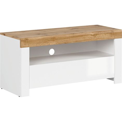 Meuble TV avec tiroir et étagère,coloris Blanc/Chêne wotan - Longueur 106 x Profondeur 42 x Hauteur 50,5 cm (1/4)
