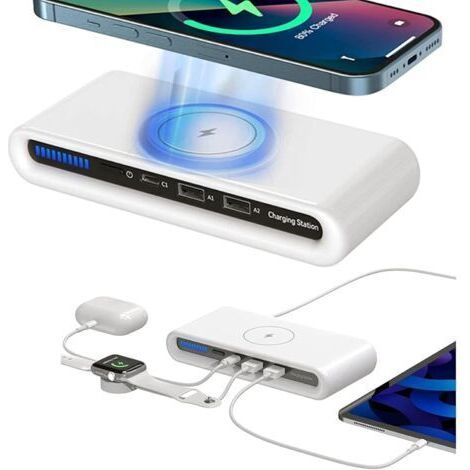 Chargeur sans fil, chargeur sans fil multiport 4 en 1, charge rapide QC3.0, chargeur sans fil double USB, chargeur sans fil de bureau pour téléphone portable, idéal pour la maison et les voyages, comp