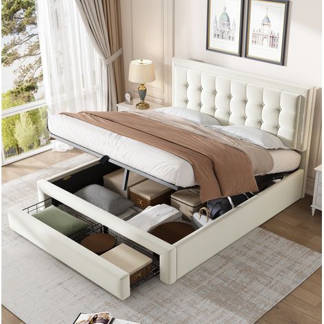 Letto contenitore 140x190 cm, letto adulti 140x190 cm con 2 cassetti, rete a doghe e testiera imbottita, velluto, beige, senza materasso (1/5)