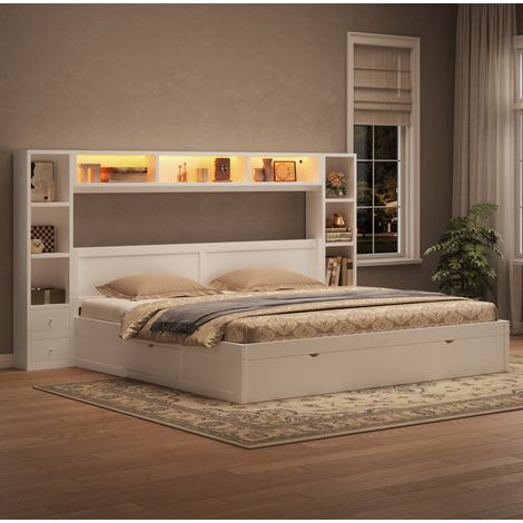 Cama plataforma 180/200 cm blanca con 7 cajones, almacenaje e iluminación LED (1/5)
