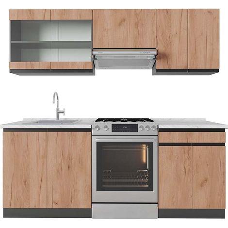 Cucina componibile R-Line, Rovere dorato/antracite, 200 cm , PL Marmo, Vicco