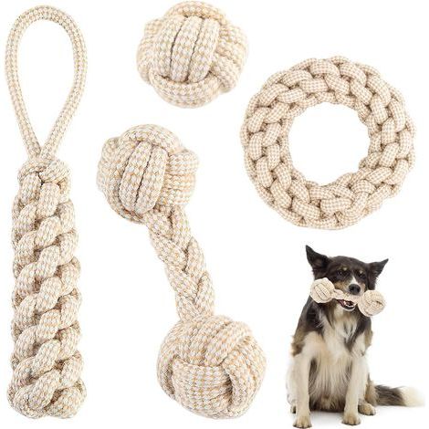 Jouet pour chien en corde avec nœud et balle, lot de 4 jouets pour chiens en 100% chanvre naturel, jouet en corde pour chien, jouet à mâcher pour chien, jouet premium pour chiens de petite (1/5)