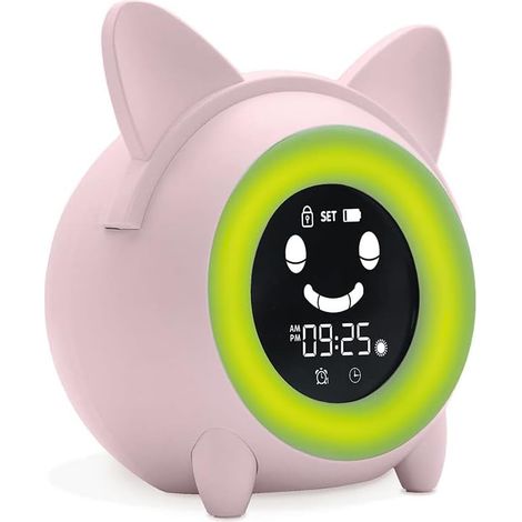 Despertador educativo infantil con luz nocturna e indicador de día/noche - Reloj digital - Visualización de temperatura - 5 sonidos de alarma para despertarse por la mañana - Rosa (1/5)