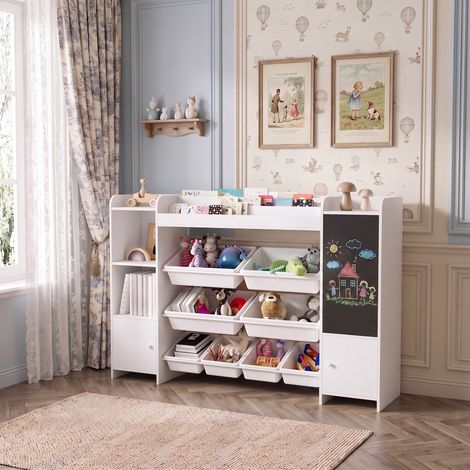 Bibliothèque enfant 137x30x95 cm, meuble de rangement enfant, étagère à livres avec 8 bacs amovibles et tableau noir pour chambre d'enfant, Blanc (1/5)