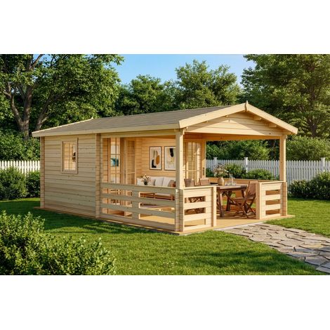 Alpholz Gartenhaus Lappland B Gartenhaus aus Holz, Holzhaus mit 34 mm Wandstärke inklusive Terrasse, Blockbohlenhaus mit Montagematerial