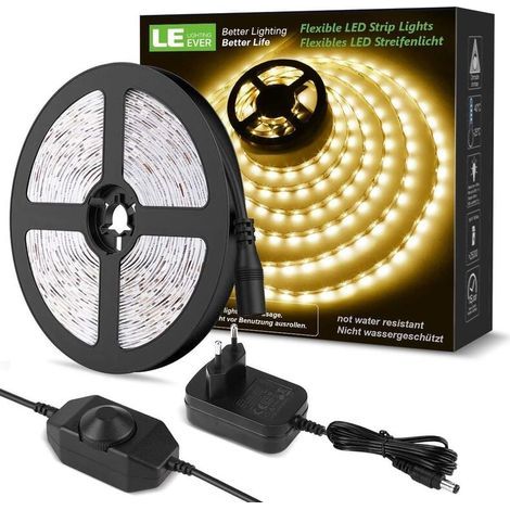 Ruban LED 10M dimmable blanc chaud 3000K – 600 LEDs SMD 2835 – 12V avec variateur et connecteurs – Éclairage intérieur pour meubles et escaliers (1/5)