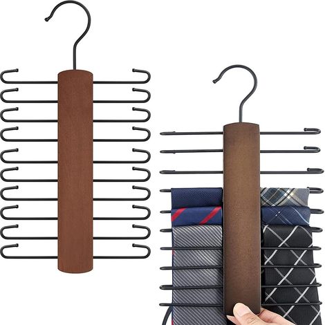 CSPARKV 2 Piece Wooden Tie Rack, 360 Degree Rotating Belt Storage Belt Hanger with 20 Hooks for Ties, Scarf, Belts, Accessories (1/5)