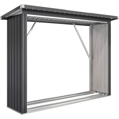 Portalegna da esterno in acciaio con base rialzata e tetto inclinato 213x66,5x150 cm grigio scuro (1/5)