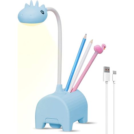 Lampe de Bureau LED Enfant, 3 Couleurs, Dimmable, Interrupteur Tactile, USB, Porte-stylo, Lecture, Chambre, Étude, Travail (bleu) (1/5)