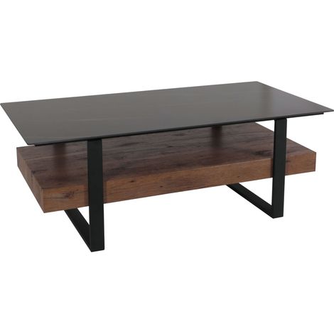 [NEUWERTIG] Couchtisch HHG-698, Wohnzimmertisch Tisch, Ablage Eisen 43x120x60cm Sinterstein Marmor-Optik schwarz Holz dunkelbraun