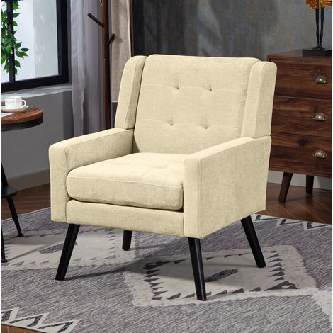 Sessel 68x76x88 cm beige, dekorative Knopfsteppung, Leinenoptik-Stoff und Holzbeine MEUBLIV (1/5)