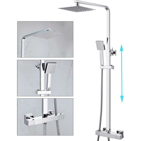 Square Thermostatic Mixer Shower Set - Dual Control Twin Head Ultra Thin Chrome (1/10)
