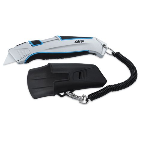 Ferrestock FSKTWC001 cuchillo cúter cerámico de seguridad auto-retráctil con cable de seguridad, cuerpo de aluminio, sistema de bloqueo y funda para cinturón (1/2)
