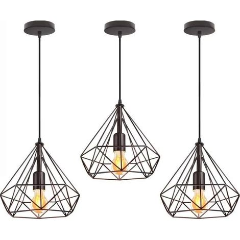 U-Do 3Pcs Lustre Suspension Luminaire Vintage 25cm Lampe Cage forme Diamant en Métal Noir pour Salon Couloir (1/4)