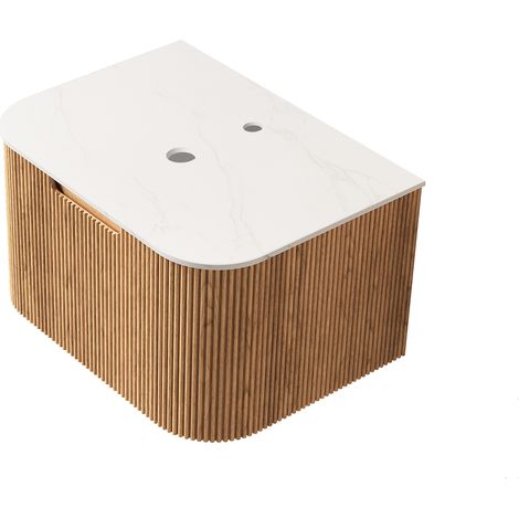 Meuble suspendu salle de bain 61 cm,plan de travail blanc Carrare,contreplaqué courbé avec tiroir,sans lavabo,préassemblé,finition bois naturel.
