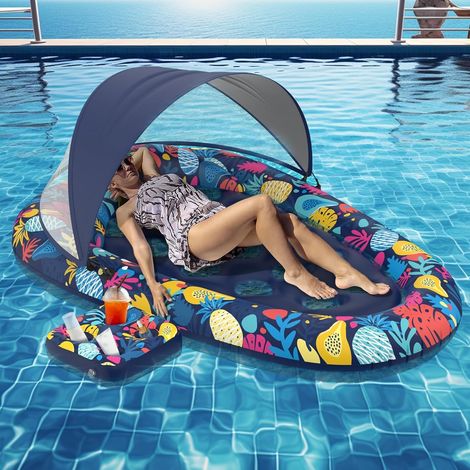 Bouee Piscine Adulte,Matelas Gonflable Piscine,Flottant Hamac Gonflable,avec Auvent,Porte-Boissons,Hamac Gonflable Piscine,Matelas Piscine Gonflable,pour Plage,Partie,Vacances (1/5)