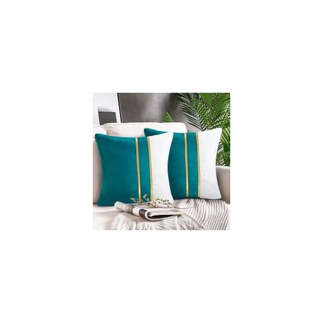 Housse de Coussin Moderne 45x45 cm, Coutures en Cuir Doré, Velours Turquoise, Décor de Luxe pour Canapé, Lit, Salon