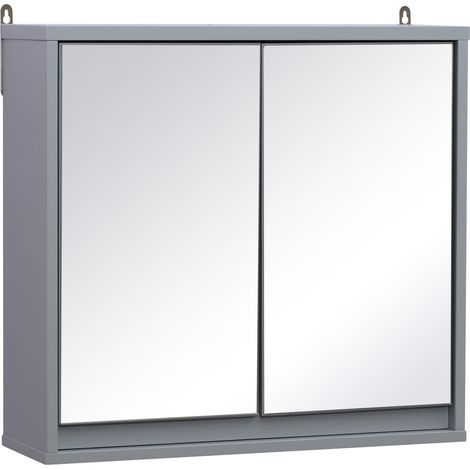 Wall Mounted Mirror Cabinet with Storage Shelf Bathroom Cupboard Double Door Grey