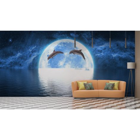 Papier peint animaux - dauphins sous la lune - 150 x 250 cm (1/2)