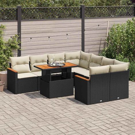 Salon de jardin avec coussins 9 pcs noir résine tressée acacia (1/5)