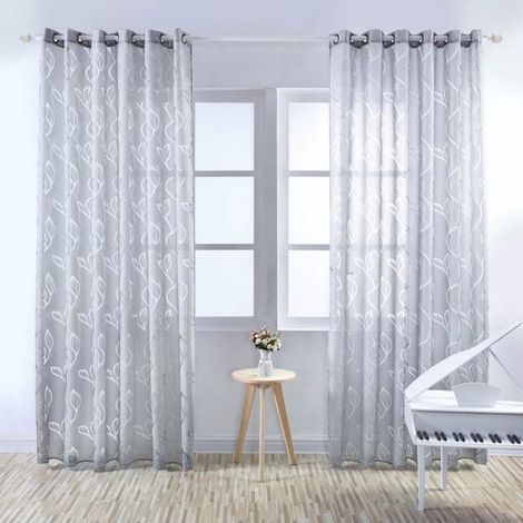 Rideaux Voilages - Feuillet Gris - 100x250cm - Polyester - Pochette Fit Rod 4cm (1/3)